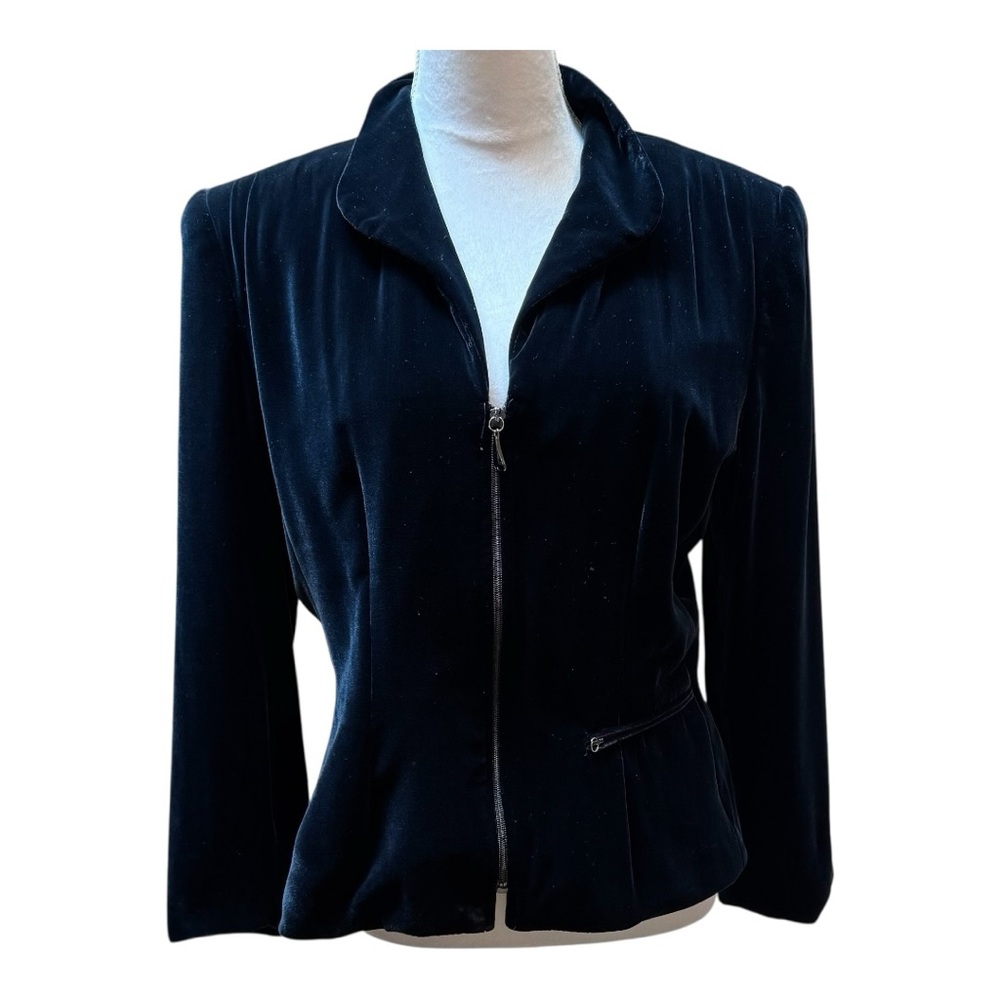 Dana Buchman Vintage Silk Blend Velvet Zip Front Jacket Navy Blue‎ Size 10